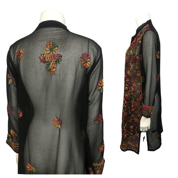 Vintage Black Sheer Rainbow Embroidery Tunic Dress / Women’s Medium - Picture 4 of 6